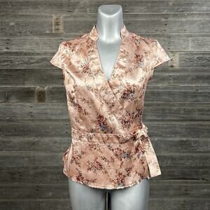 Xhilaration Vintage Y2K Asian Floral Wrap Top Pink Satin Fairy Coquette Medium?